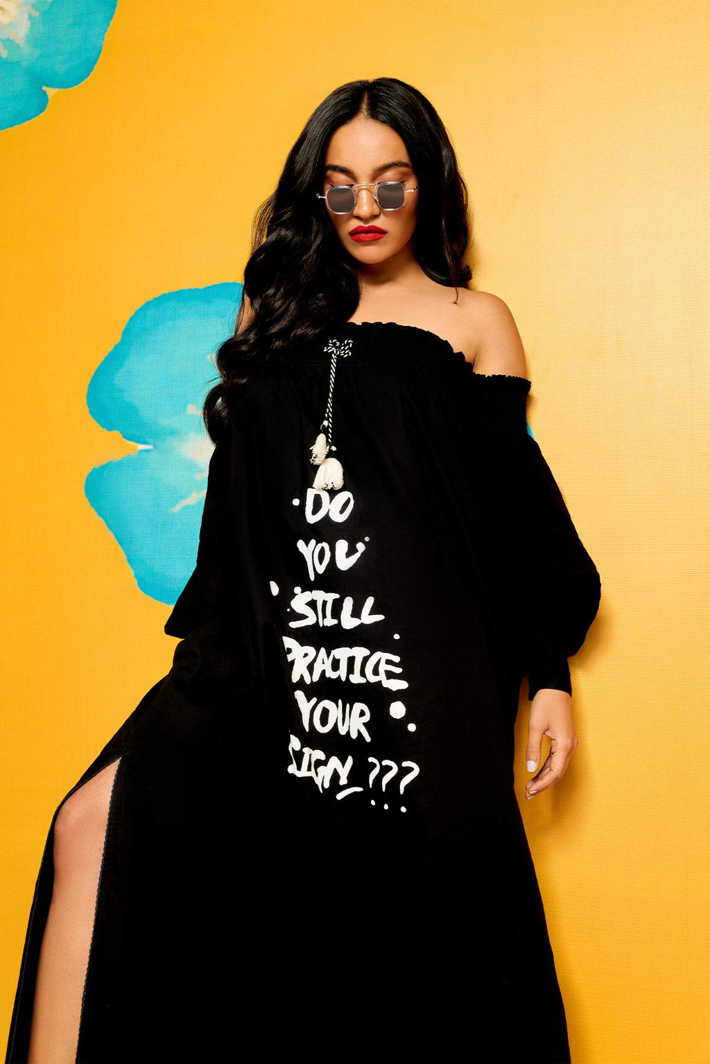 Slogan Printed Off Shoulder Dress