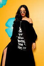 Slogan Printed Off Shoulder Dress