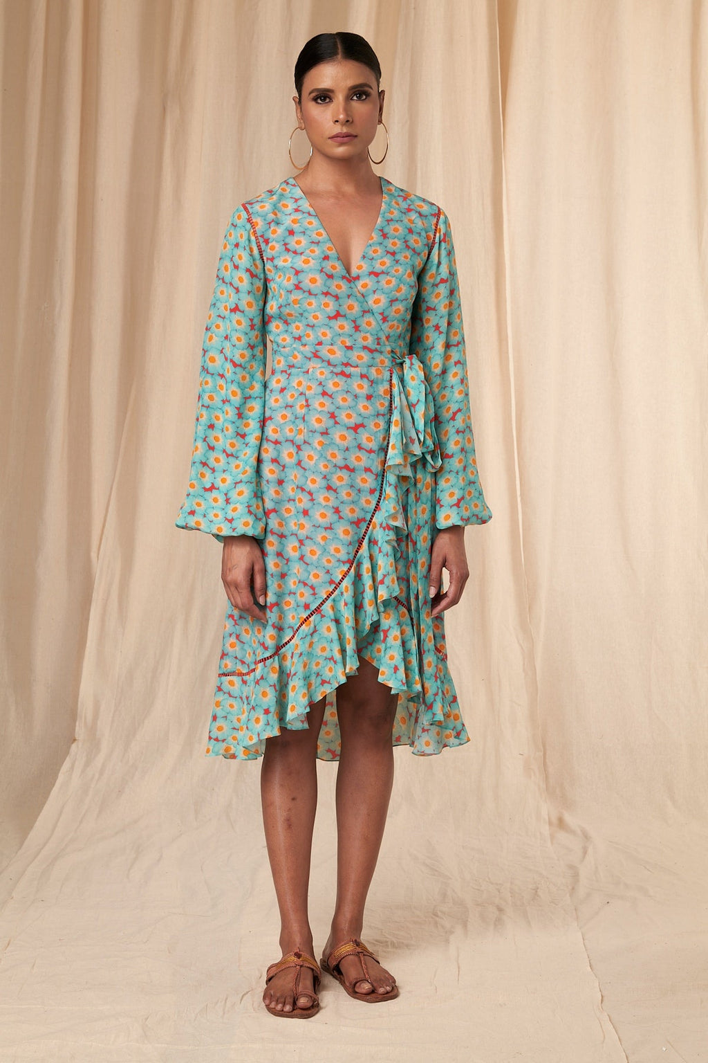 Red Sunshine Daisies Wrap Dress