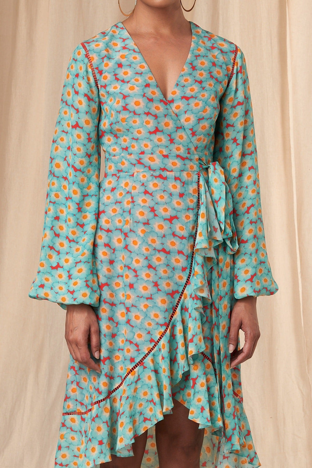 Red Sunshine Daisies Wrap Dress