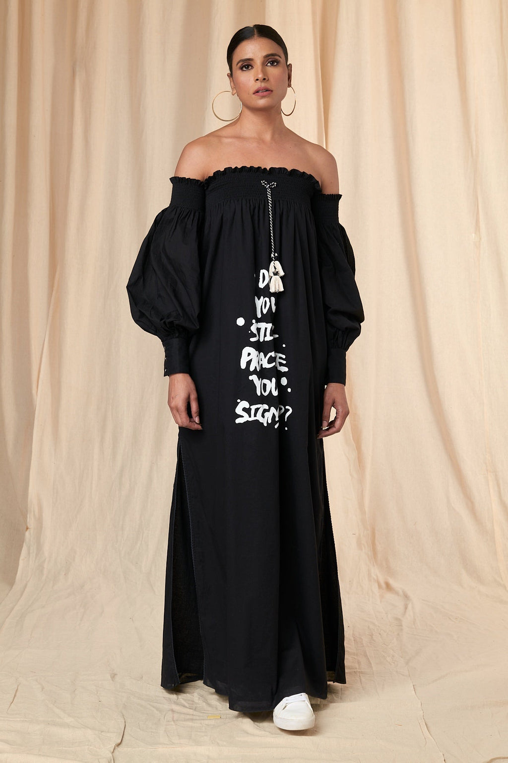 Slogan Printed Off Shoulder Dress