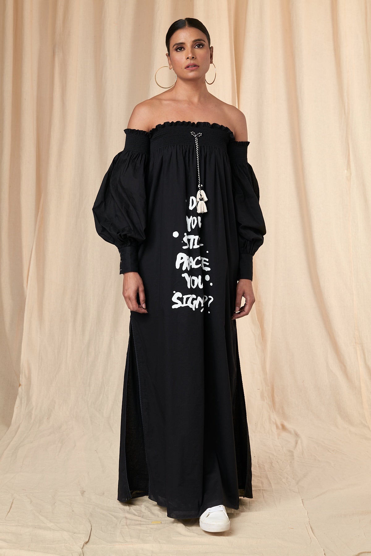 Slogan Printed Off Shoulder Dress