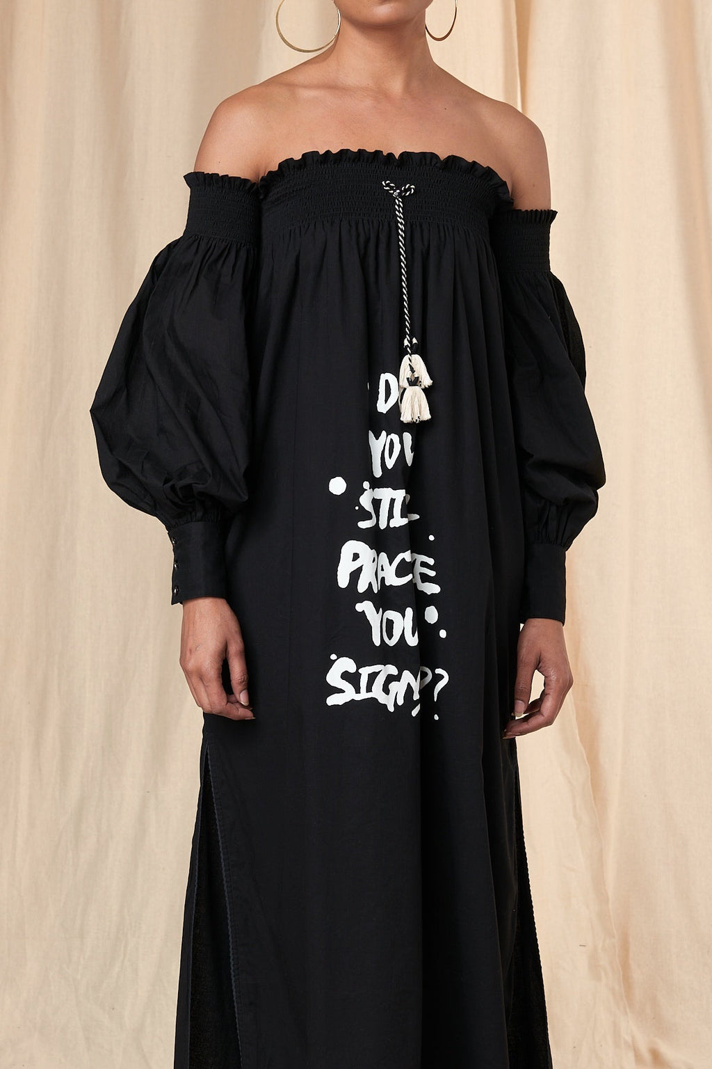 Slogan Printed Off Shoulder Dress