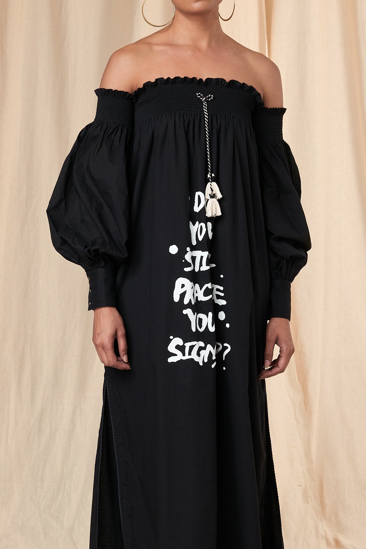 Slogan Printed Off Shoulder Dress