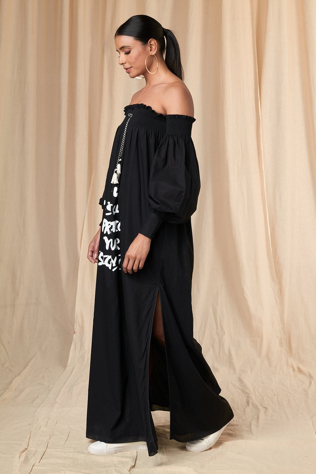 Slogan Printed Off Shoulder Dress