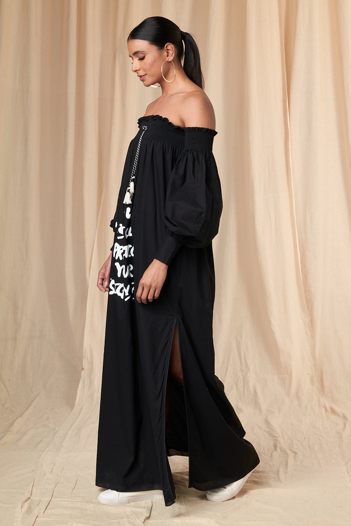 Slogan Printed Off Shoulder Dress