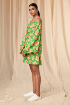 Parrot Green Flower Passion Off Shoulder Dress