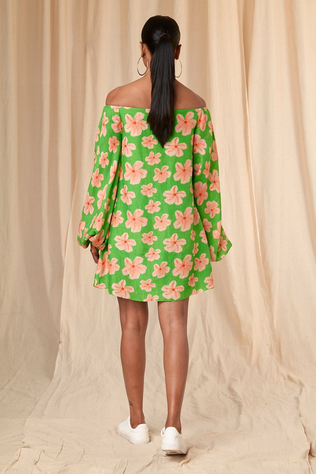 Parrot Green Flower Passion Off Shoulder Dress