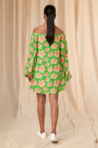 Parrot Green Flower Passion Off Shoulder Dress
