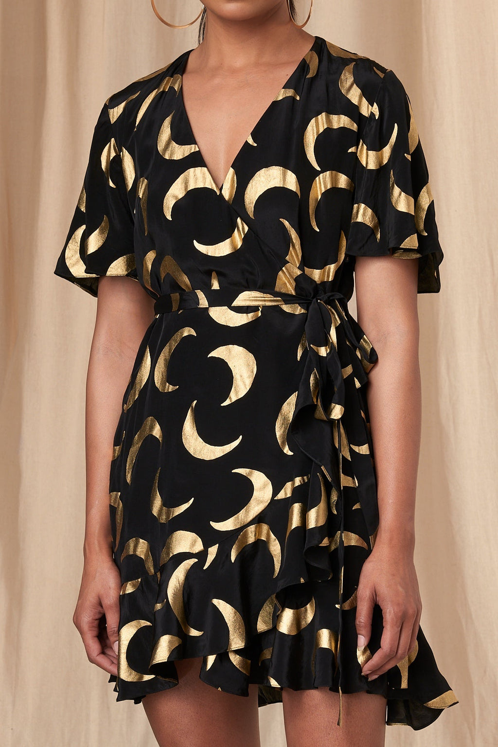 Black Mooncrest Gold Foil Short Wrap Dress