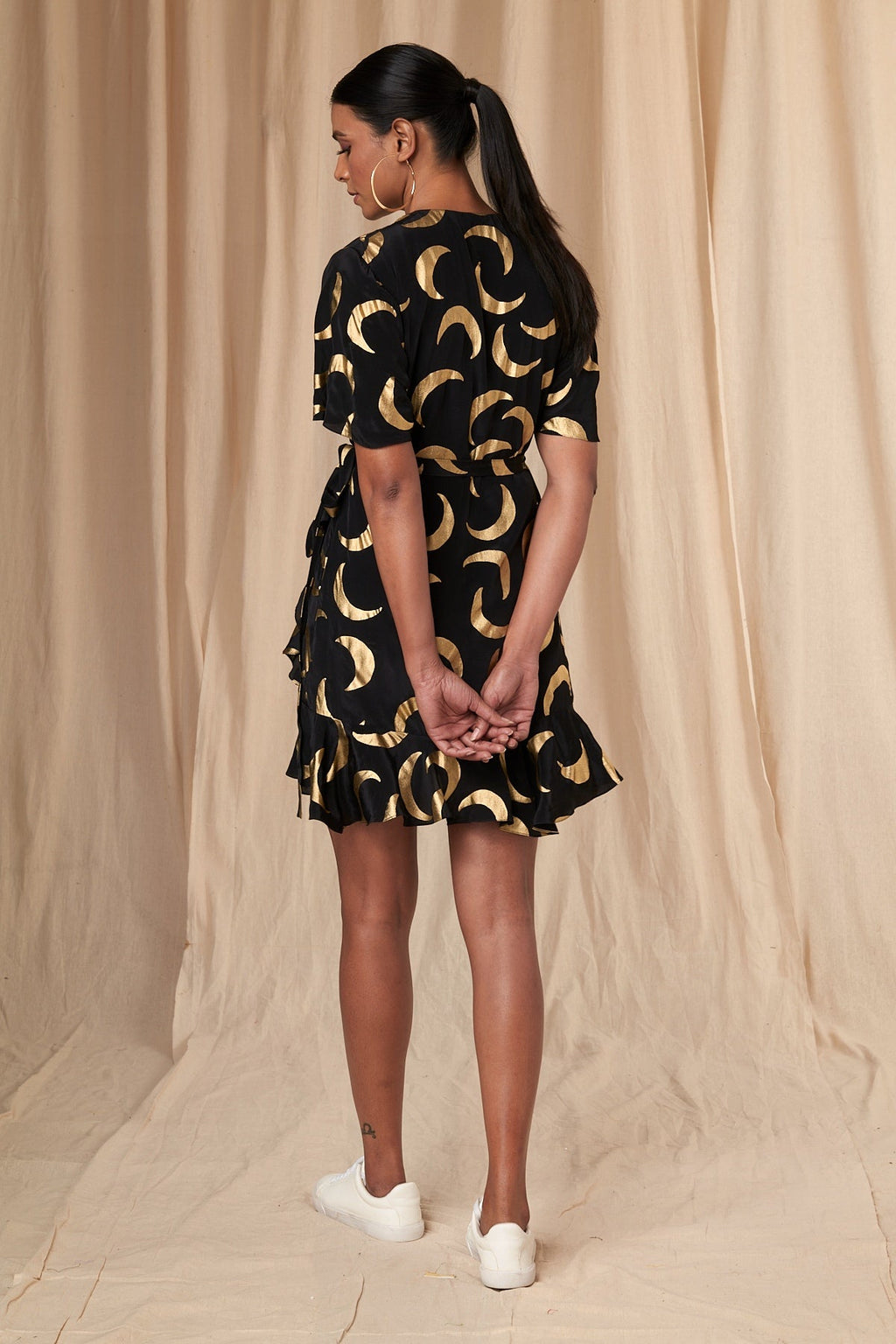 Black Mooncrest Gold Foil Short Wrap Dress