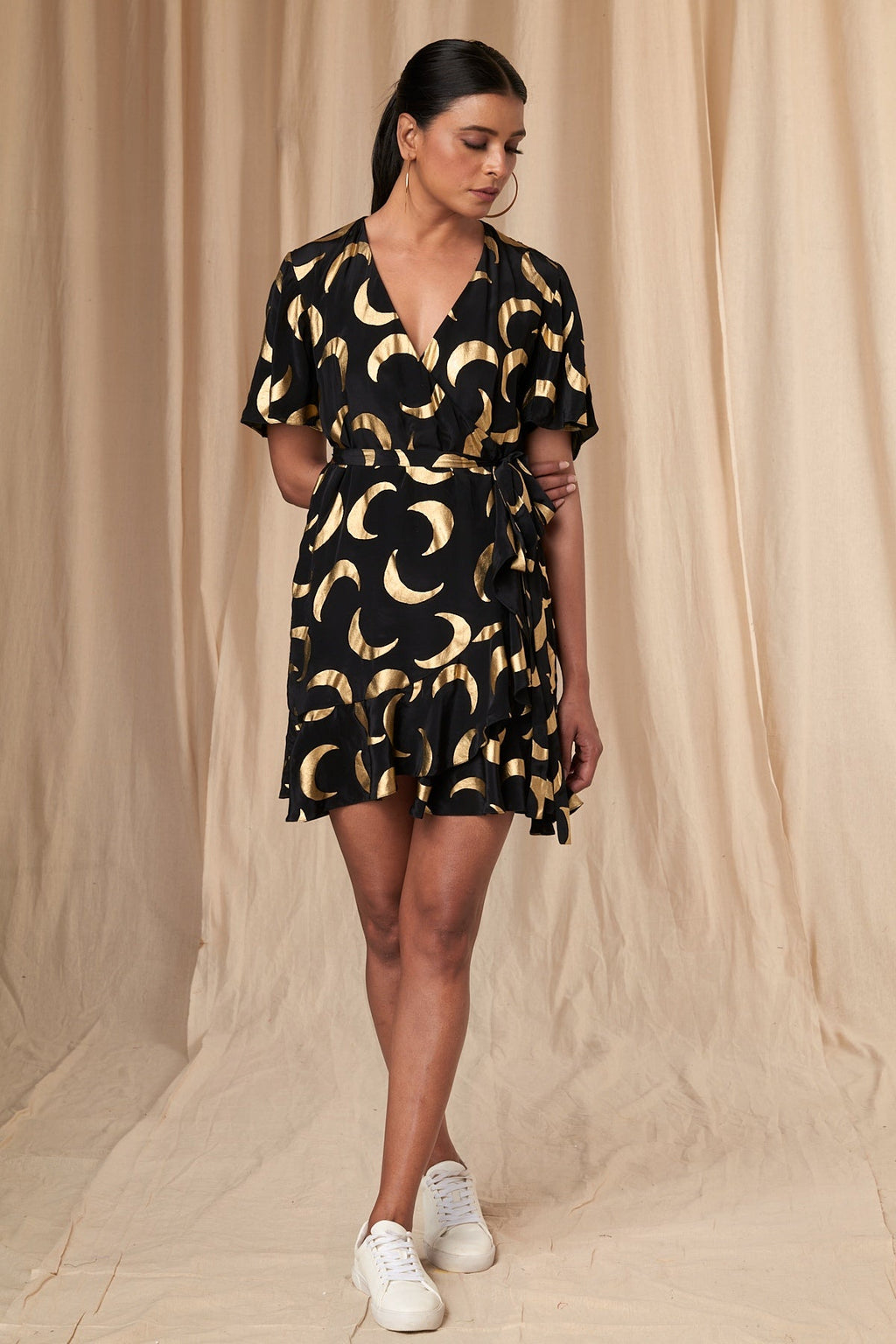 Black Mooncrest Gold Foil Short Wrap Dress
