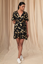 Black Mooncrest Gold Foil Short Wrap Dress