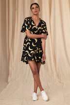 Black Mooncrest Gold Foil Short Wrap Dress