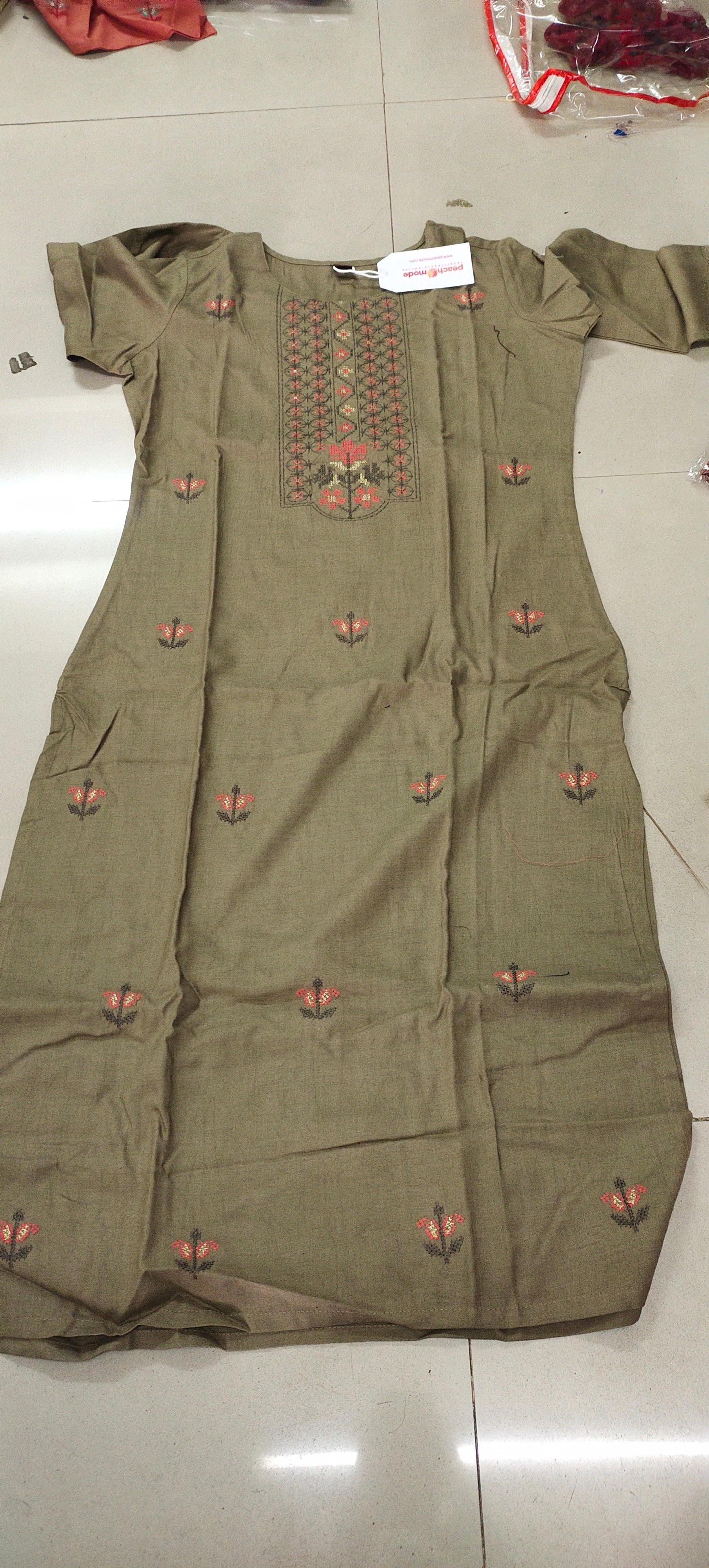 Beige Floral Embroidered Pure Cotton Kurti