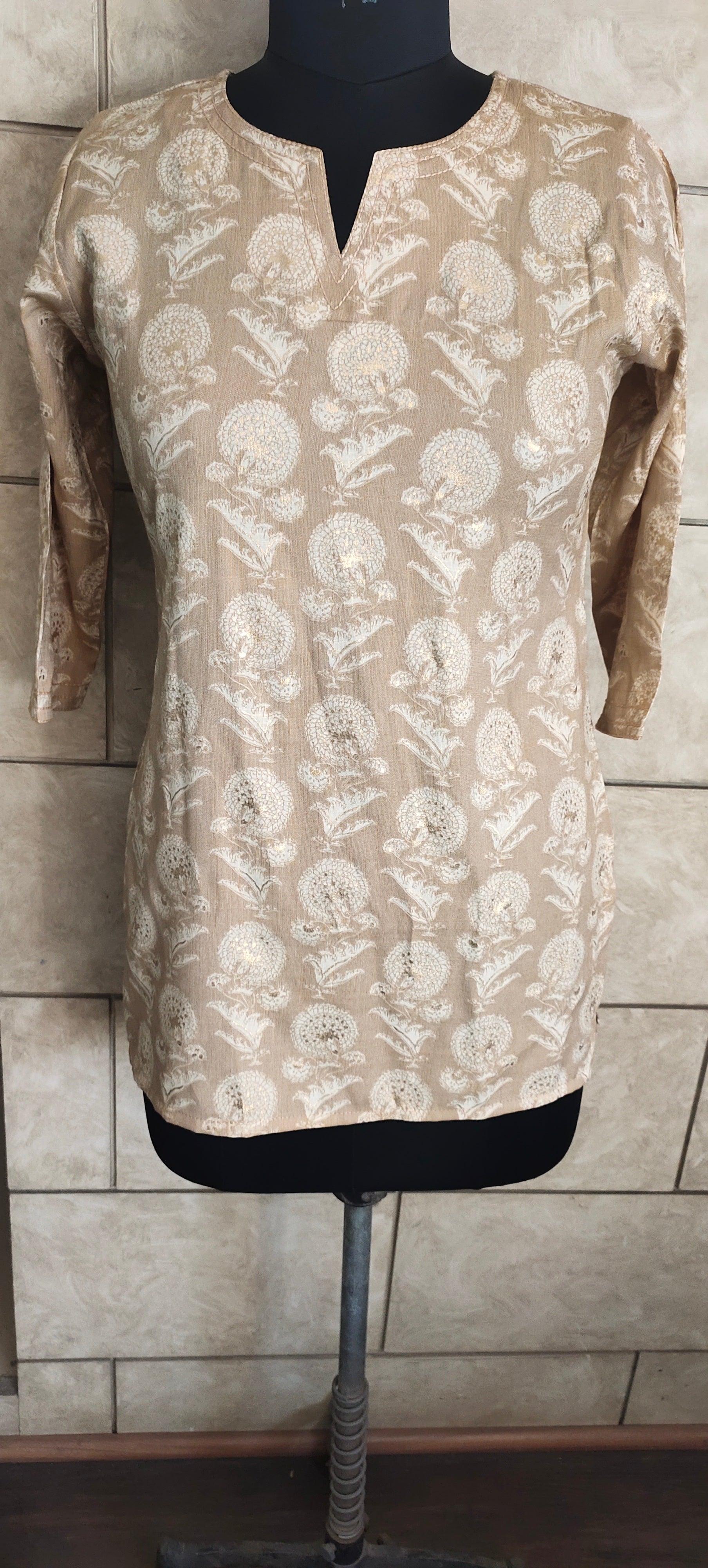 Beige Foil Printed Rayon Top
