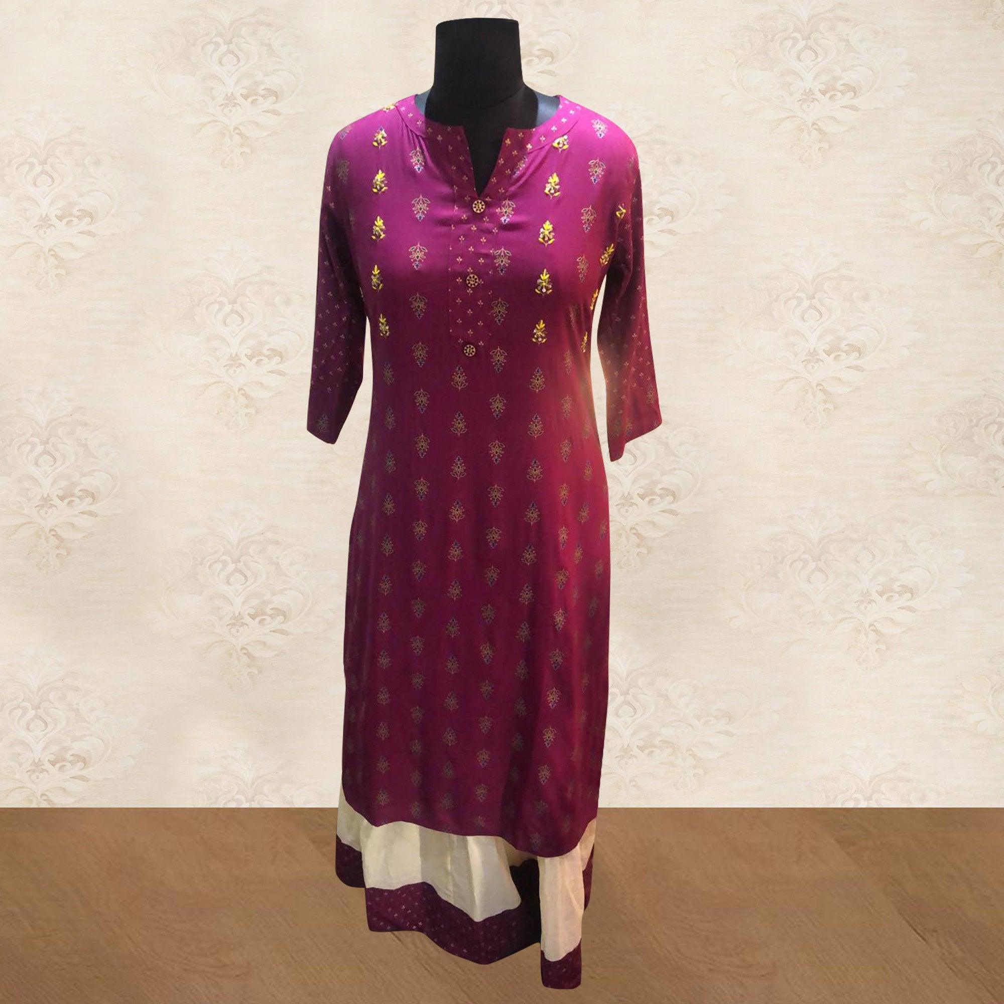 Demanding Magenta Pink Colored Partywear Printed Cotton Kurti-Skirt Set