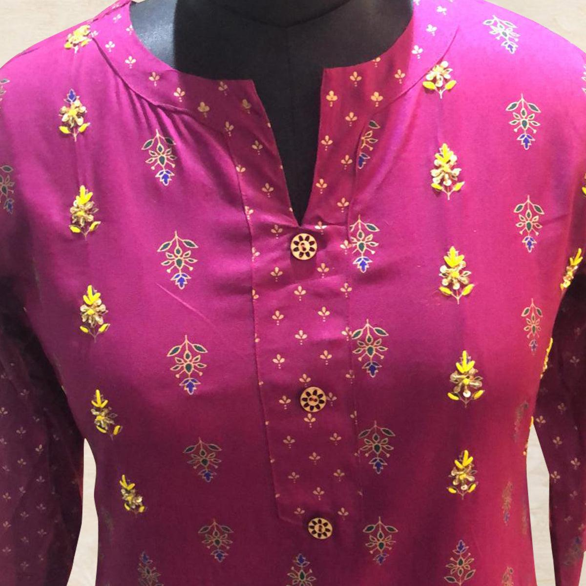 Demanding Magenta Pink Colored Partywear Printed Cotton Kurti-Skirt Set