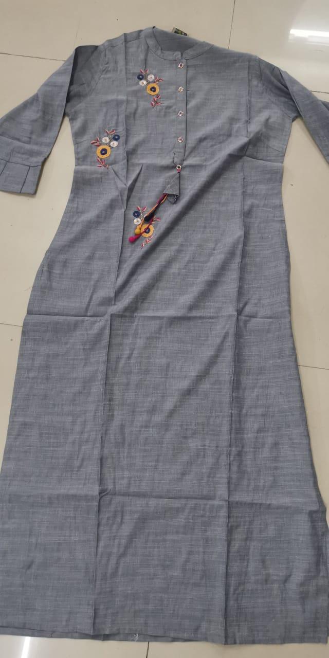 Gray Floral Embroidered Rayon Kurti