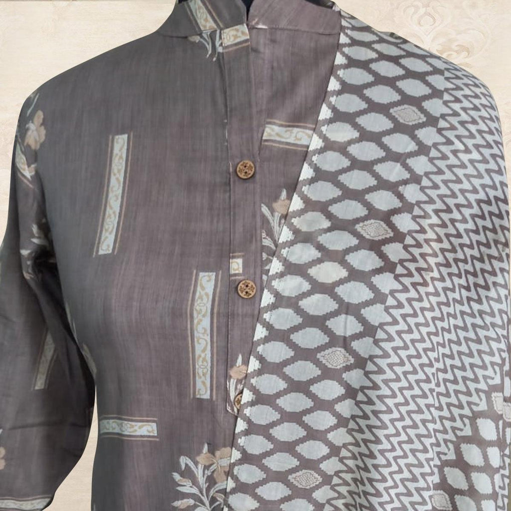 Staring Grey Colored Casual Wear Printed Pure Cotton Kurti With Dupatta