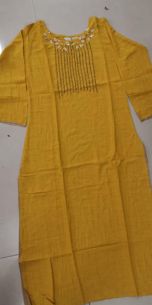Yellow Embroidered Rayon Kurti